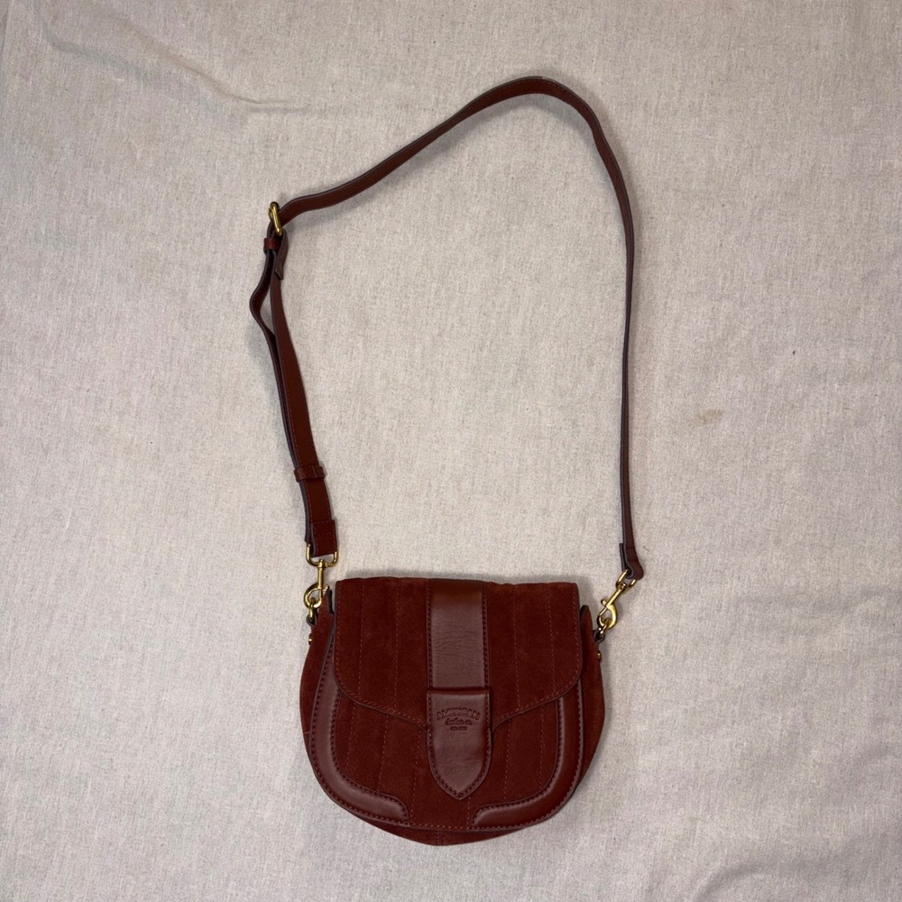 American Leather Co Mahogany Brown Suede Leather Quilted Crossbody Saddle Bag - Picture 2 of 11